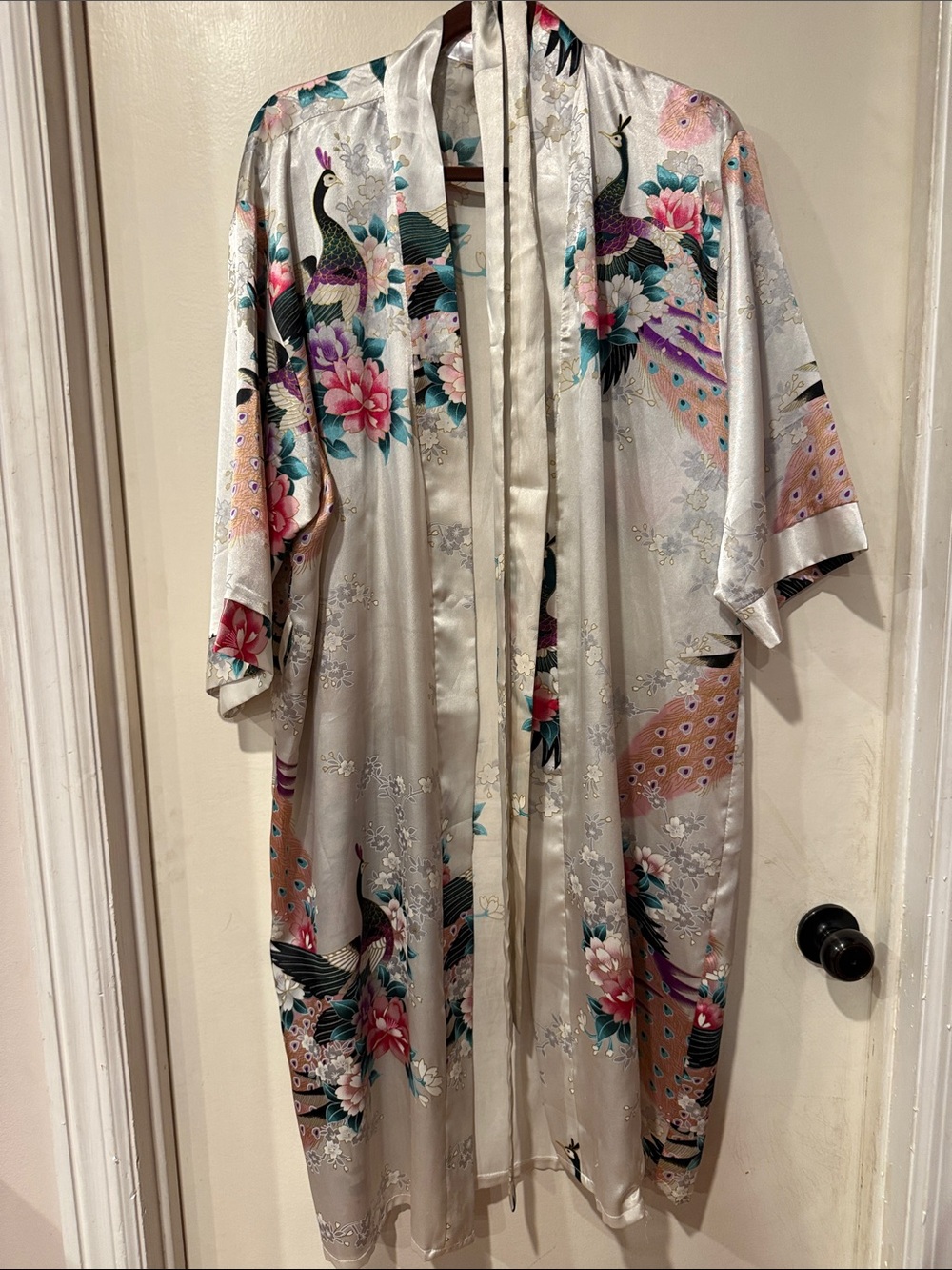 Silky Peacock Floral Kimono Robe - Ivory with Teal & Pink